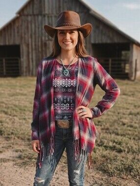 Stetson Open-front Plaid Cardigan Wrap S